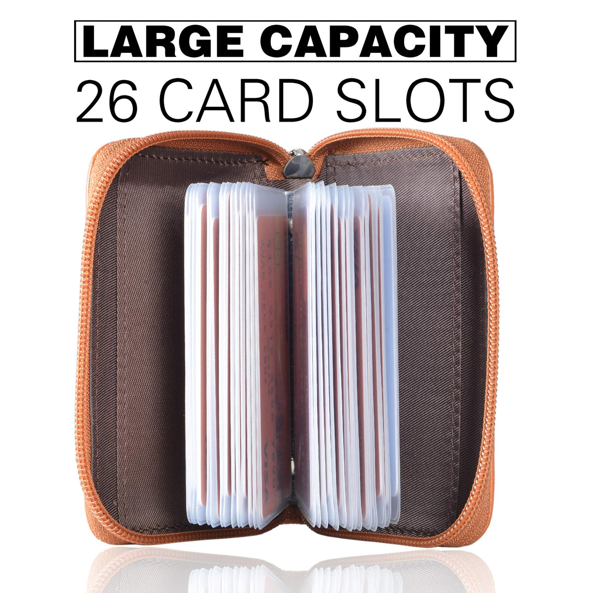 Easyoulife Genuine Leather Credit Card Holder Zipper Wallet With 26 Card Slots (Brown)