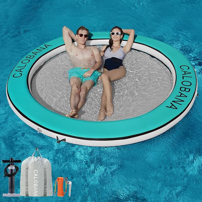 CALOBANA Round Floating Ring Inflatable Water Hammock Heavy Duty River Floats Lake Raft for Adults Tanning Pool Lounger Float Island Platform Pad Mat for Party