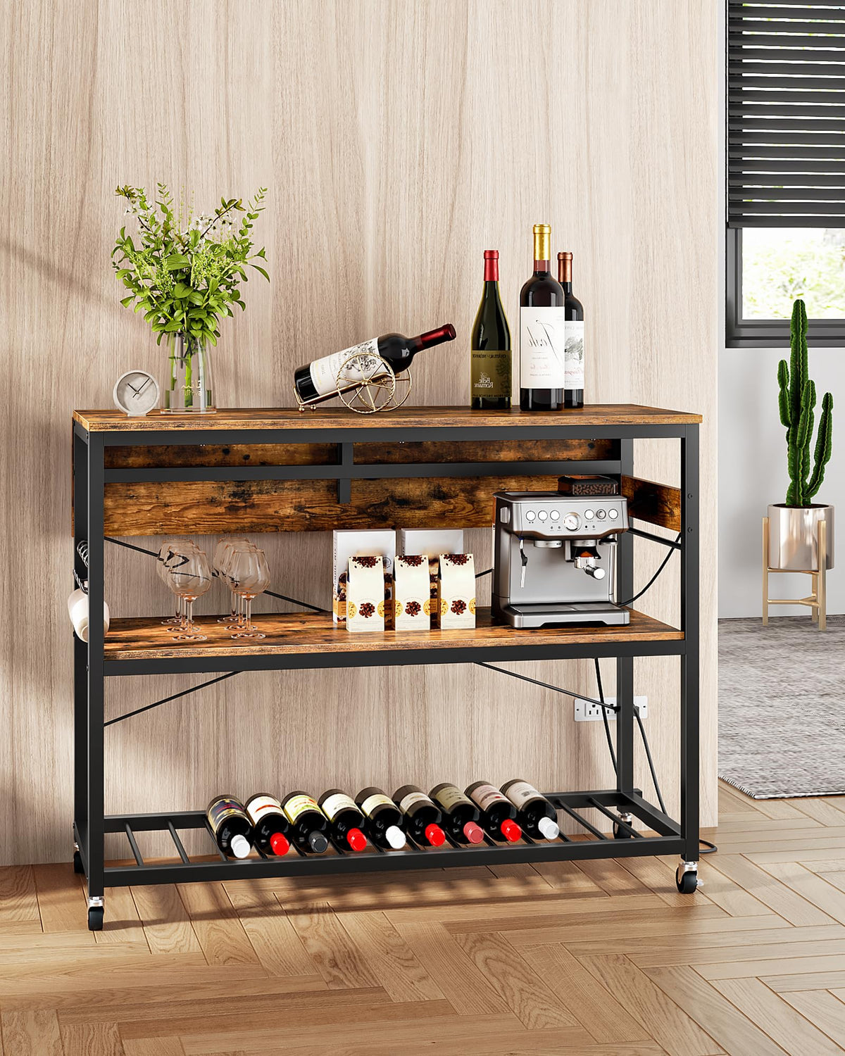 CHOEZON Kitchen Island with Power Outlet and Folding Top, Movable with 3-Tier Storage, Large Size, Wooden Shelves and Wine Rack, for Kitchen, Dining and Living Room, Rustic Brown and Black TZD02UBF