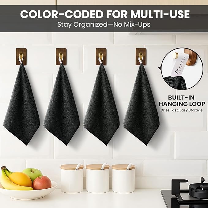 Microfiber Cleaning Cloth, 12 Pack Lint-Free and Highly Absorbent Rags, Black Reusable Microfiber Towels for Car, Kitchen, Bathroom and Household Cleaning Supplies, 11.8"X11.8"
