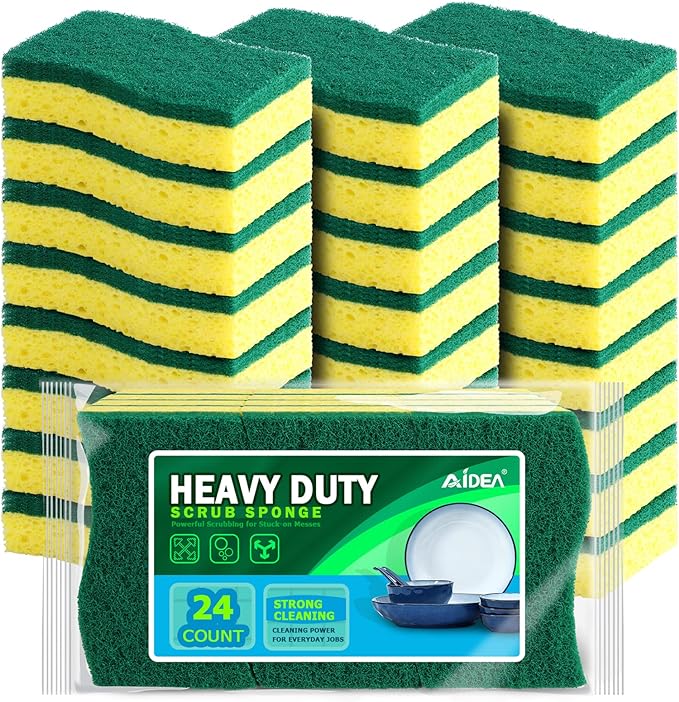 AIDEA Sponges Kitchen, Heavy Duty Scrub Sponge-24Count, Sponges for Dishes, Cellulose Dish Sponge, Scrubbing Power for Tough Messes, Cleaning Power for Non-Coated Cookware, Dishes, Pots, Pans