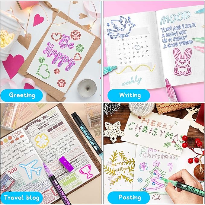 Outline Markers Self-outline Metallic Markers, 20 Silver&12 Gold Colors Double Line Outline Markers Super Squiggles Shimmer Glitter Pen Set for Christmas Greeting Card,Kid Drawing,Doodling,DIY Crafts