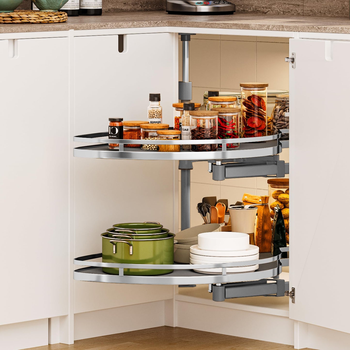 DWVO Corner Cabinet Organizer, 2-Tier Blind Corner Pull Out with 270° Rotating Shelf, Right Swing Tray, Heavy-Duty Iron, Easy-Install Template, 32.7"x17.3"x21.3", Gray
