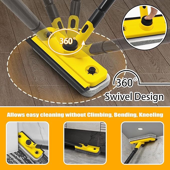 JEHONN Shower Cleaning Brush, 53.5 inches Long Handle Scrubbing Brush, 3-in-1 Bathroom Tub Tile Scrubber Mop with Squeegee for Bathtub Sink Tile Floor Wall Glass Deck (Yellow)