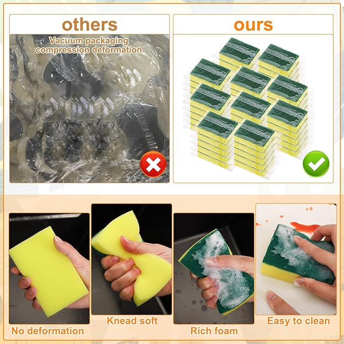 50 Pcs Individually Wrapped Sponges, Uncompressed Non Scratch Scrouing Sponges for Household Cleaning Dishes Kitchen Airbnb Apartment Car Bike Green