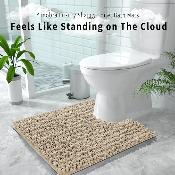 Yimobra Toilet Rug U Shaped Washable 24x20 Inch - Ultra Soft Absorbent Chenille Bath Rugs for Toilet, Quick Dry & Machine Washable, Non Slip Contour Bathroom Mat, Pale Khaki