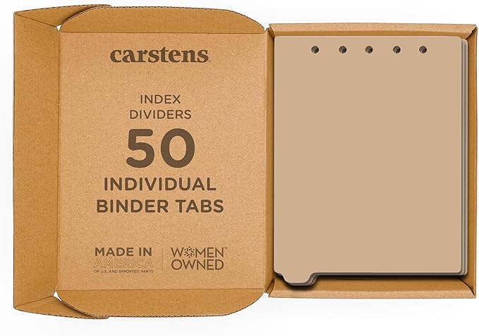 Carstens - Heavy Duty Plastic Ring Binder Dividers, Bottom Tab, 1/9 Cut, Tab 1 Position, US Letter, Beige, Case of 50, (2619-10CS) - Ideal Medical Chart Dividers or Index Tabs for 3 Ring Binders