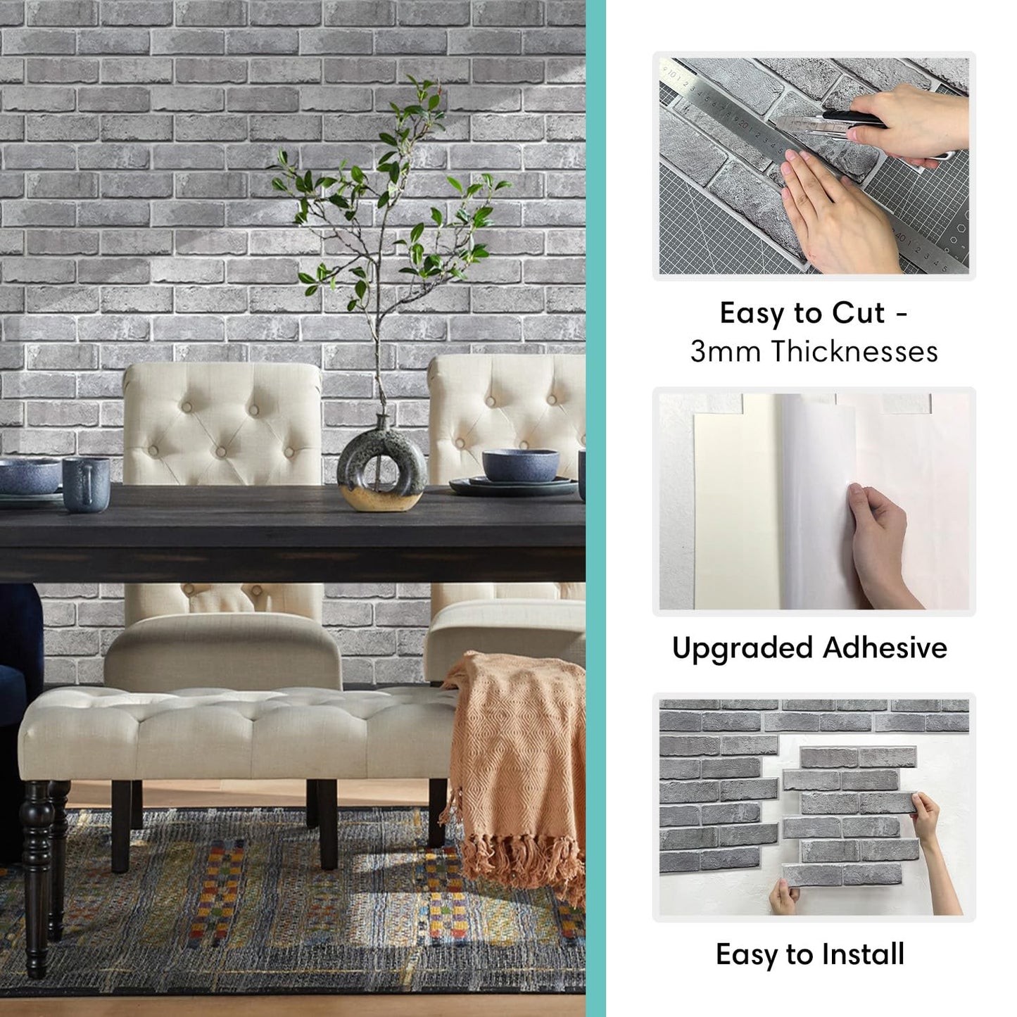 Commomy 3D Brick Peel and Stick -10 pcs 11.8"X11.8" Small Size Thin PVC Faux Brick Wall Panels Farmhouse 3D Wall Panels for Living Room,Bedroom,RV, Kitchen,Fireplace