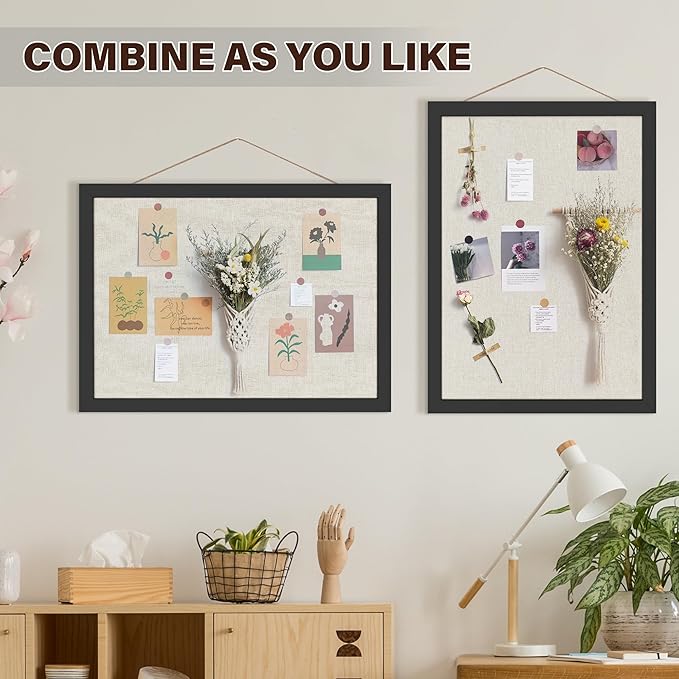 Cork Board Bulletin Board 16.7" x 11", 2-Pack Small Linen Corkboards with Frame for Walls, Cute Picture Display Pin Board Vision Board for Room School Office Bedroom 25 Pushpins Vintage Black