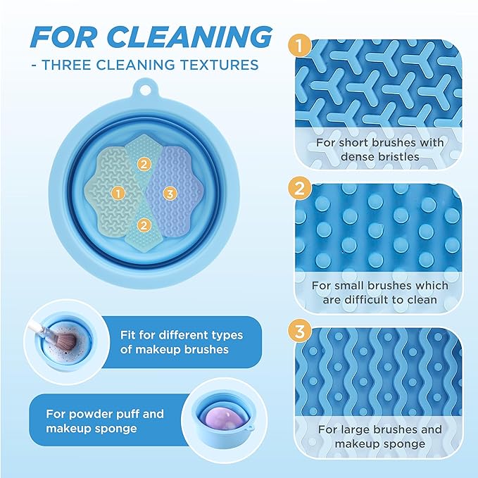 Makeup Brush Cleaner - Foldable Silicone Makeup Brush Cleaner Mat with Brush Storage Holder Makeup Brush Cleaning Bowl Cosmetic Brush Washing Tool for Cleaning Organizer and Drying (Blue)