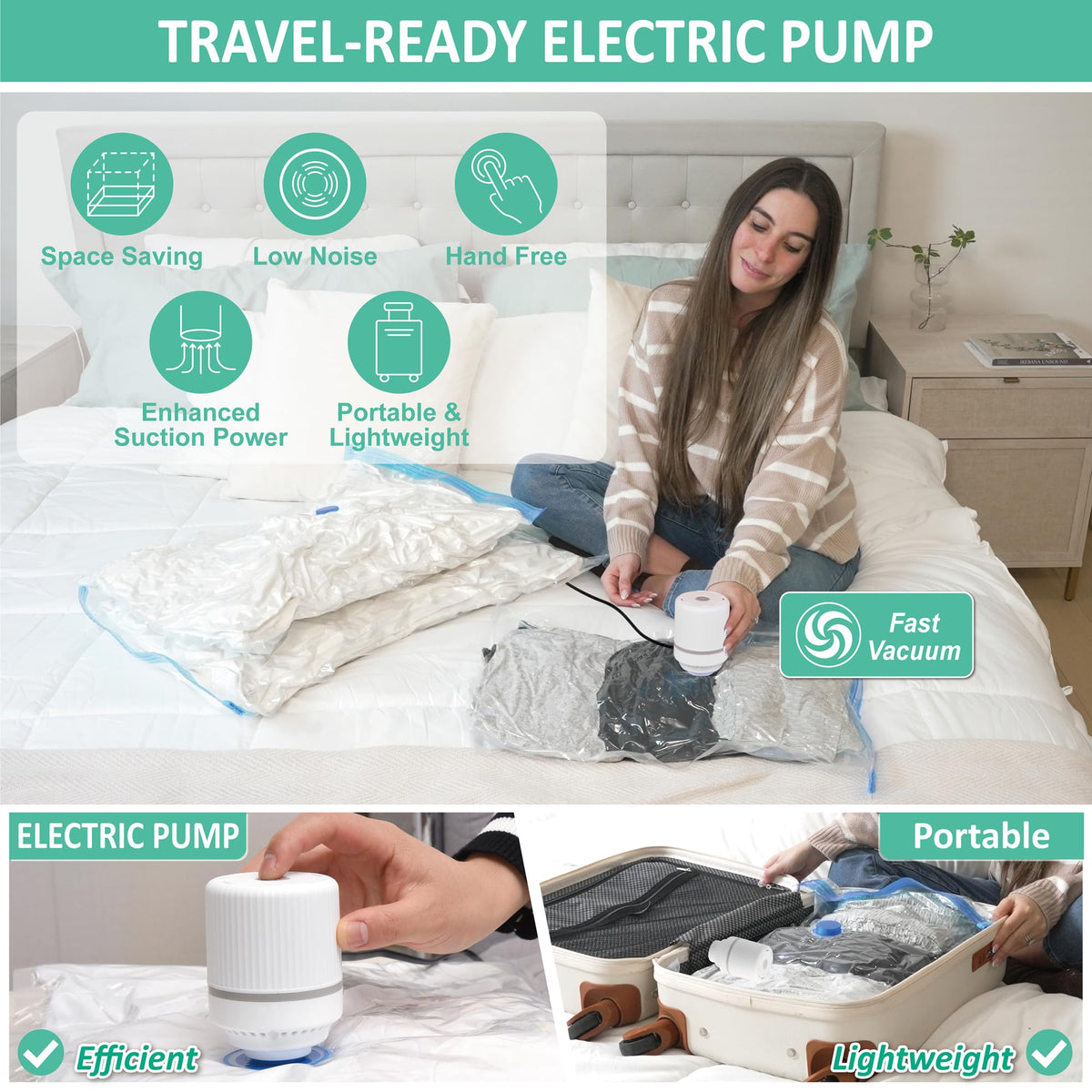Cozy Essential 20 Pack Vacuum Storage Bags with Electric Pump, Vacuum Seal Space Saver Bags for Clothing, Pillows, Blanket, Bedding, Comforters