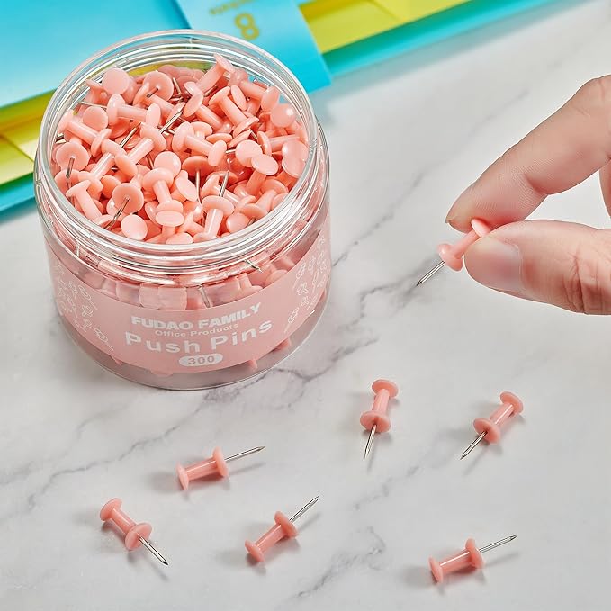 FUDAO FAMILY 300pcs Push Pins for Bulletin Board, Thumb Tacks for Wall Corkboard, Map Pins - Home Office School Craft Projects Plastic Head Steel Push Pin (Pink)