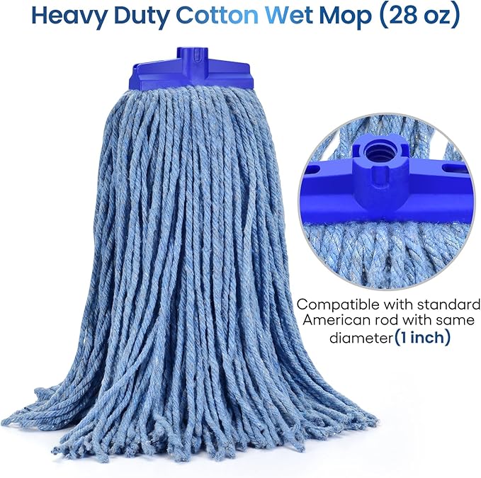 Matthew Cleaning Screw-on Heavy Duty Cotton Wet Mop Replacement Heads(Blue, Large,12 Pack) with 2 Pack Microfiber Cloth for Residential & Commercial Floor Cleaning Use- Fit Standard American Screw