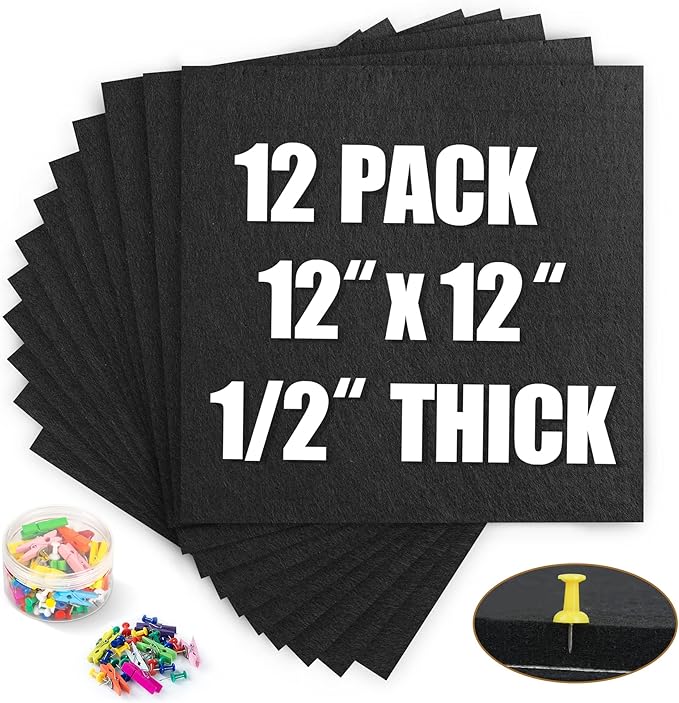 AKTOP Black Cork Bulletin Board 12x12, 1/2" Thick Felt Cork Board Tiles 12 Pack, Small Square Pin Board for Wall, Self Adhesive Corkboards with 120 Push Pin Wood Clips for School, Home & Office