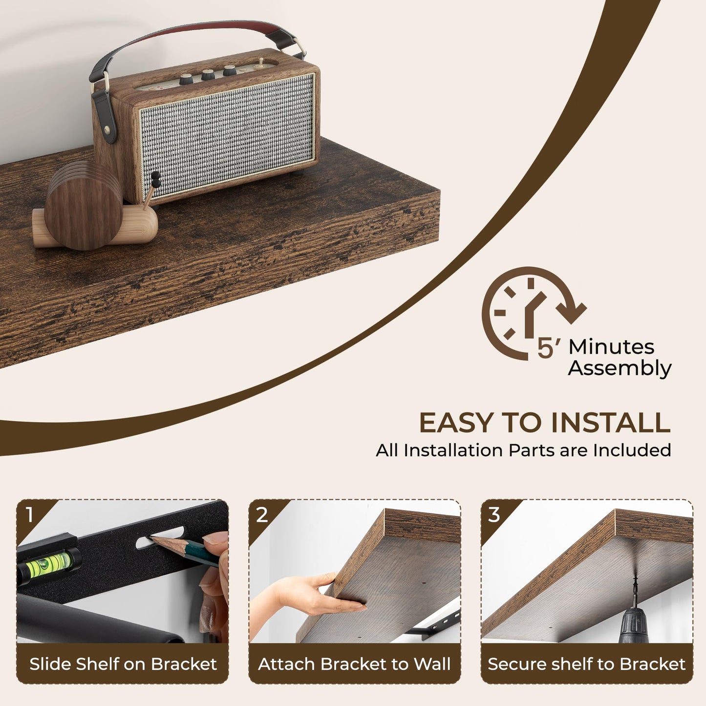 RICHFOCUS 48Inch Floating Shelves for Wall 2 Pack Shelves for Bedroom|Kitchen|Bathroom Wall Mounted Rustic Wood Floating Shelf with Invisible Brackets for Books|Storage|Decor, Rustic Brown