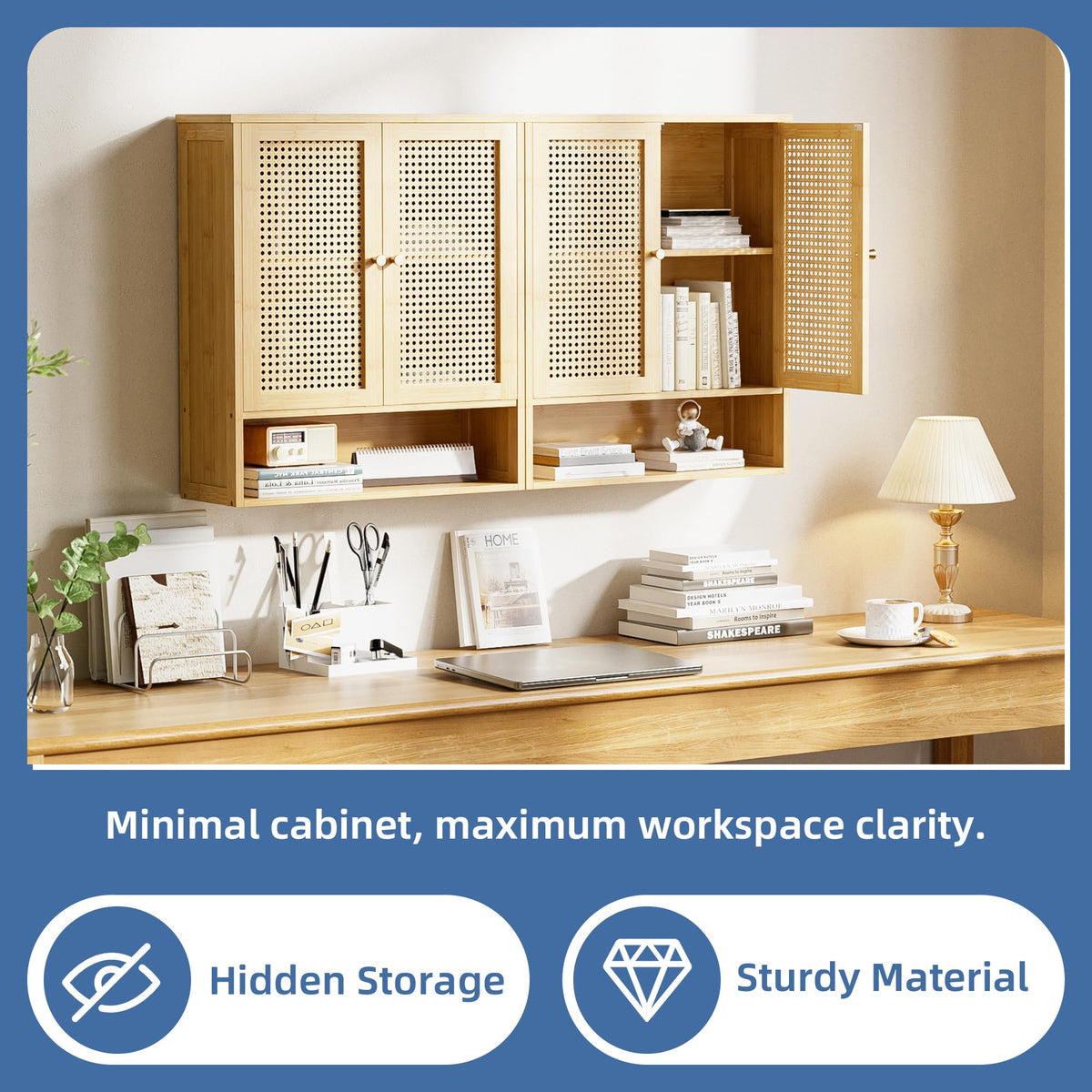 HITNET Rattan Hanging Bathroom Cabinet, Wall Mounted Bamboo Bathroom Cabinet with Double Doors and Adjustable Shelves, Storage Over the Toilet for Kitchen, Living Room, Laundry Room, Natural