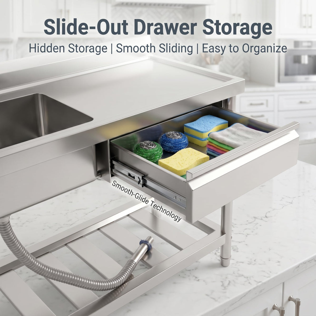 Freestanding Utility Sink 47" x 20" x 37", Left Side Single Bowl with Right Side Countertop and Storage Drawer, Stainless Steel Laundry Sink with T Shape Faucet, Workbench for Garage or Laundry Room