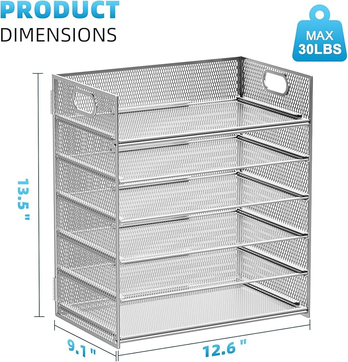 Marbrasse Paper Letter Tray - 6 Tier Mesh File Organizer with Handle, Paper Sorter for Letter/A4 Office File Folder Holder - Silver