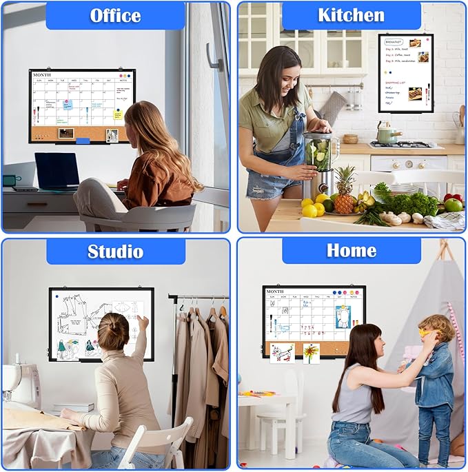 Monthly Calendar Whiteboard Dry Erase Cork Board Combo for Wall, 36" x 24" Magnetic Double-Sided Calendar White Board and Bulletin Board, Portable Board for Office, Kitchen, School, Home