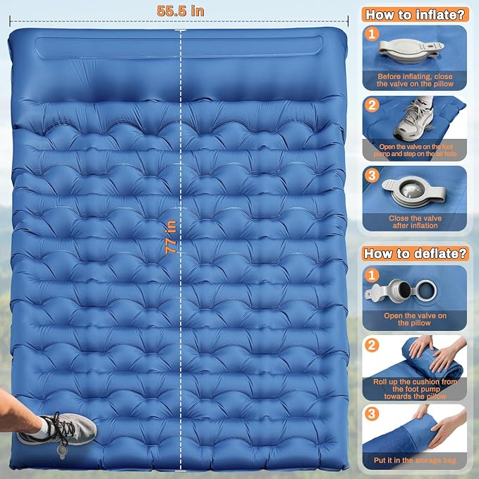 Double Sleeping Pad for Camping, Extra Thick 6 Inch Sleeping Mat Camping for 2 Person Self Inflating Camping Pad with Built-in Pillow & Foot Pump Inflatable Camping Mat for Backpacking Hiking Tents