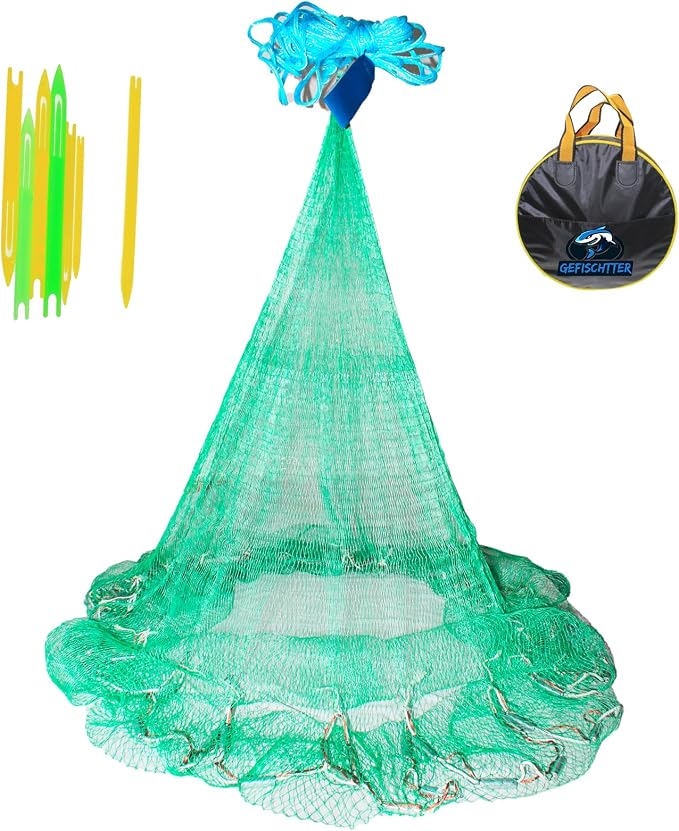 Saltwater Fishing Cast Net, Hand Throw Fishing Cast Net with Eco-Friendly Rubber Sinker 1/2 Inches Mesh for Saltwater Freshwater Size 4ft-12ft