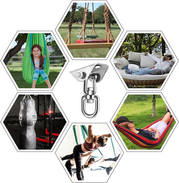 2-Pack Hammock Hanging Kit, 360-Degree Swivel Heavy-Duty Swing Hooks, Supports 1200 lbs, Stainless Steel Swing Hardware for Hammocks, Playgrounds, Yoga, Chairs & Heavy Bag. Installs on Concrete/Wood.