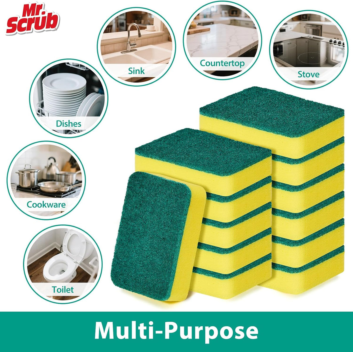 Sponges Kitchen Scrub Dish Sponge Scouring Pad, 12 Pack Cleaning Brush Scrubber Supplies for Soap, Dishwashing Dinnerware Sets Pan Pot Towels Cloth Rags Holder Glass Dishwasher Sink Bathroom