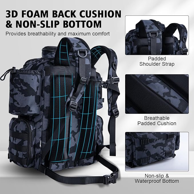 Goture Fishing Backpack,900D Water-Resistant Tackle Backpack with Rod Holders,45L Large Fishing Bag Storage Gear Tackle Bag with Rain Cover,Bottle Holder for Travel Camping Hiking(Without Tackle Box)