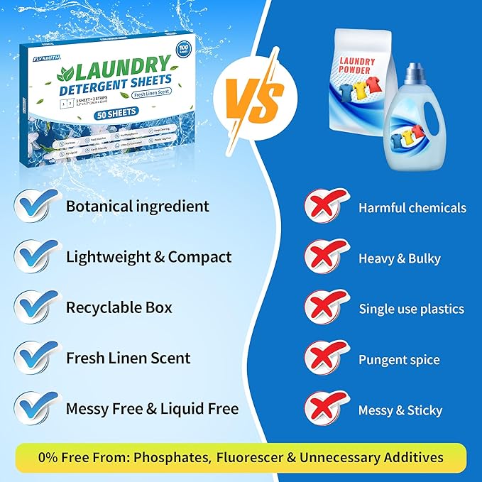 FIXSMITH Laundry Detergent Sheets - 100 Loads (50 Sheets) Fresh Linen Scent - Hypoallergenic, Laundry Detergent Strips Ultra-Concentrated Travel Detergent Sheets.Plastic-Free,Liquidless.