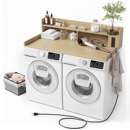 ZYKZYK Upgraded 2-Tier Washer and Dryer Countertop with Power Outlet,54" W x 27.6" D Large Laundry Countertop for Fold Clothes, Laundry Topper with Non-Slip Pads & Metal Hooks and Storage Basket