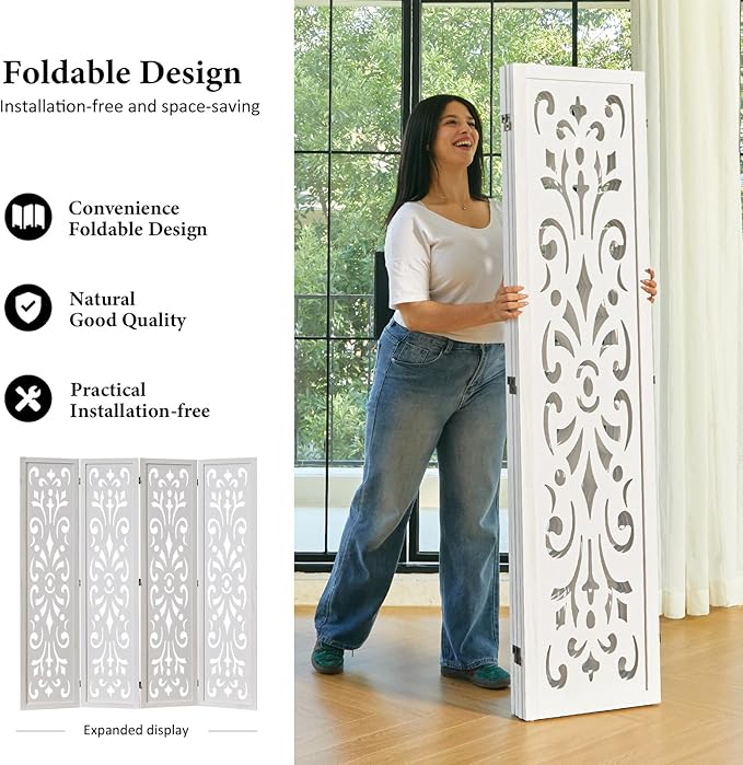 5.6Ft Room Divider Folding Wood Classical Carved Partition Screen for Home Office Garden - 4 Panels (White)