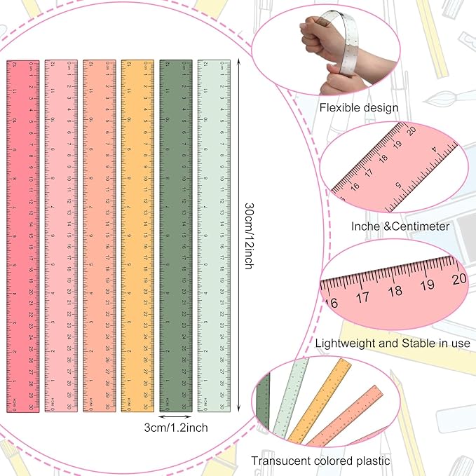 Panelee 306 Pcs 12 Inch Plastic Ruler Color Transparent Colorful Metric Clear Ruler with Inches and Centimeters for Kids School Home Classroom Office Back to School Gifts Supplies