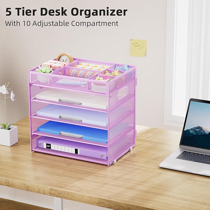 Marbrasse 5-Tier Letter Tray Paper Organizer with Handle, Multi-Functional Mesh File Organizer for Desk, Adjustable Compartments Mesh Desktop Storage for Office Supplies, Purple