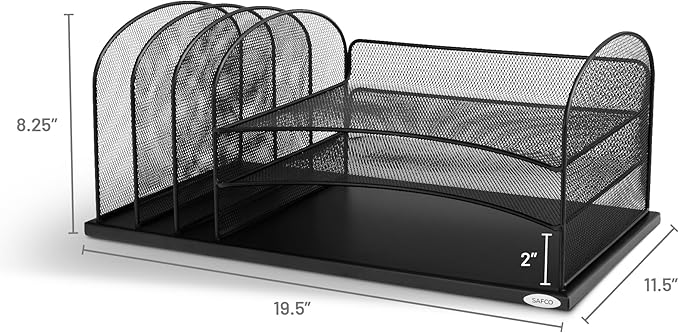 Safco Onyx Desk Organizer, 3 Vertical Compartments and 3 Trays, Office and Classroom Mailbox , Paper and Mail Sorter, Steel Mesh, Black