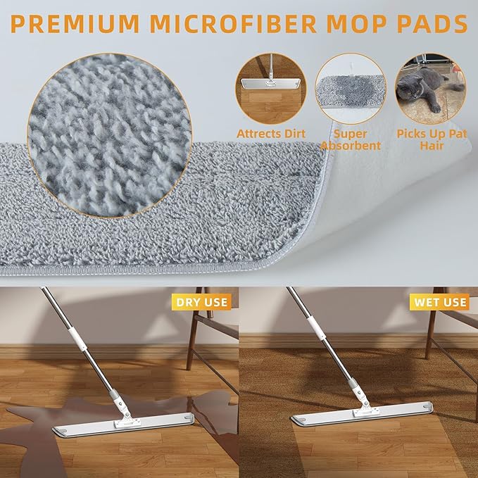 Flat Microfiber Mop for Floor Cleaning, 23.6 Inch Extra-Wide Aluminum Base Mop with Adjustable Handle, 360° Swivel Dry & Wet Mop with 4 Washable Reusable Pads – LJGG