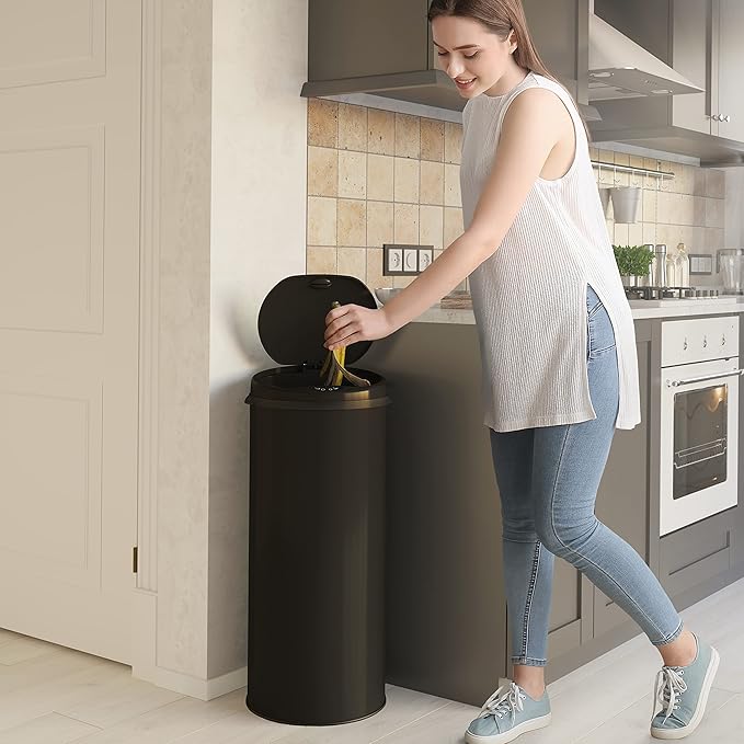 iTouchless 50 Liter / 13 Gallon Sensor Kitchen Trash Can with Odor Filter – Slim Round Black Stainless Steel Automatic Garbage Recycling Bin for Home, Office, Business, Garage