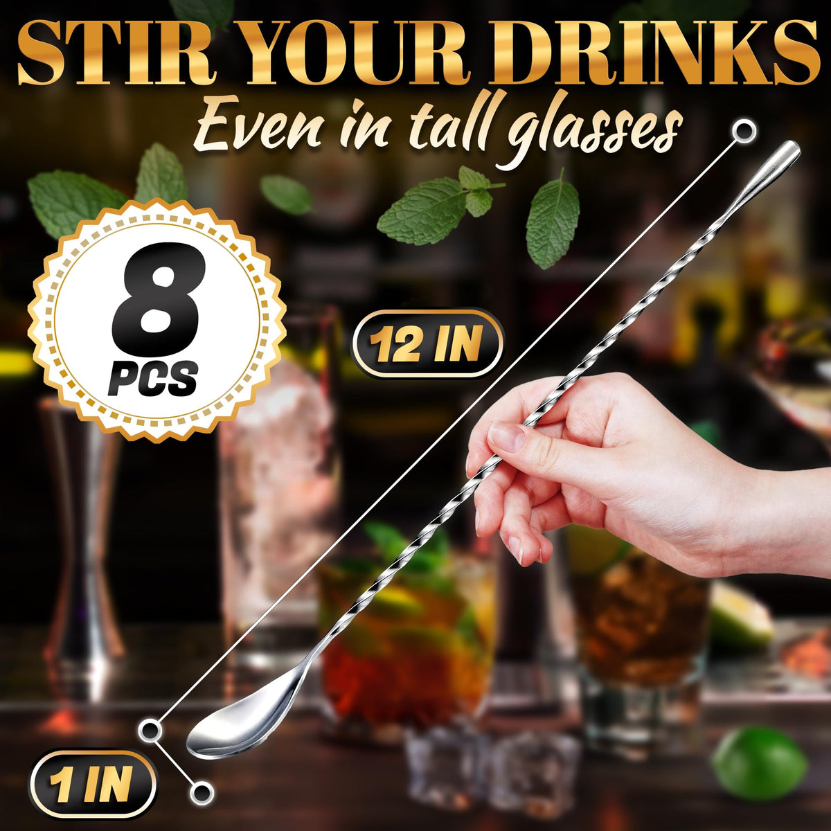 8 Pcs Bar Spoons Set – 12'' Long Handle Drink Stirrer with Twisted Spiral Design – 304 Stainless Steel | Long Spoons for Stirring Cocktails, Coffee, Milkshakes, Smoothies | Home & Coffee Bar Use