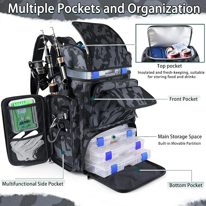 Fishing Tackle Backpack With Rod Holders, 45L Large Tackle Bag & Fishing Tackle Backpack for Fishing,Camping, Hiking,Camouflage Green