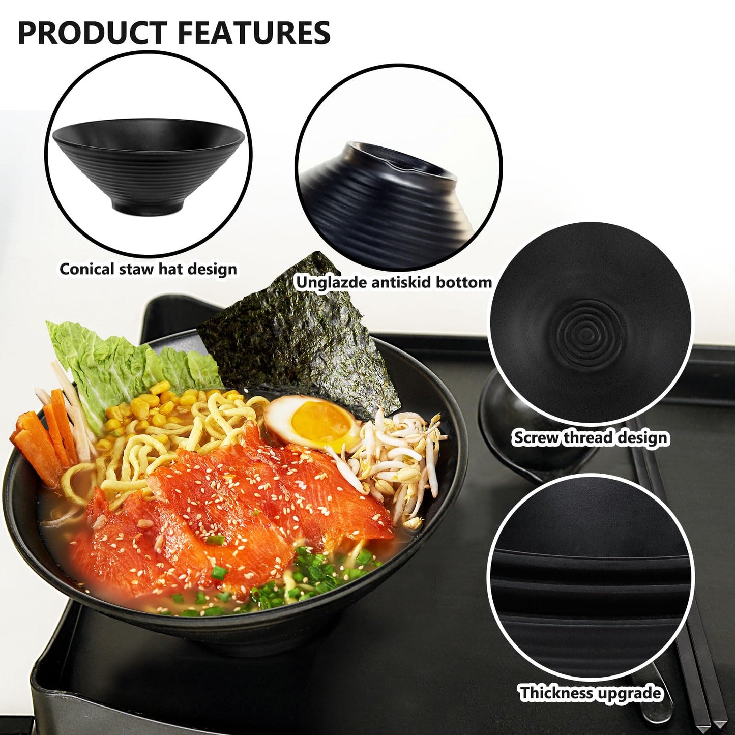 Greentainer 54oz Ramen Bowl Set of 4, Melamine Large Japanese Style Noodle Soup Bowls Set with Spoons and Chopsticks for Udon, Pho, Noodles, Pasta, 10" Asian Dishes Black Large Bowl | Dishwasher Safe