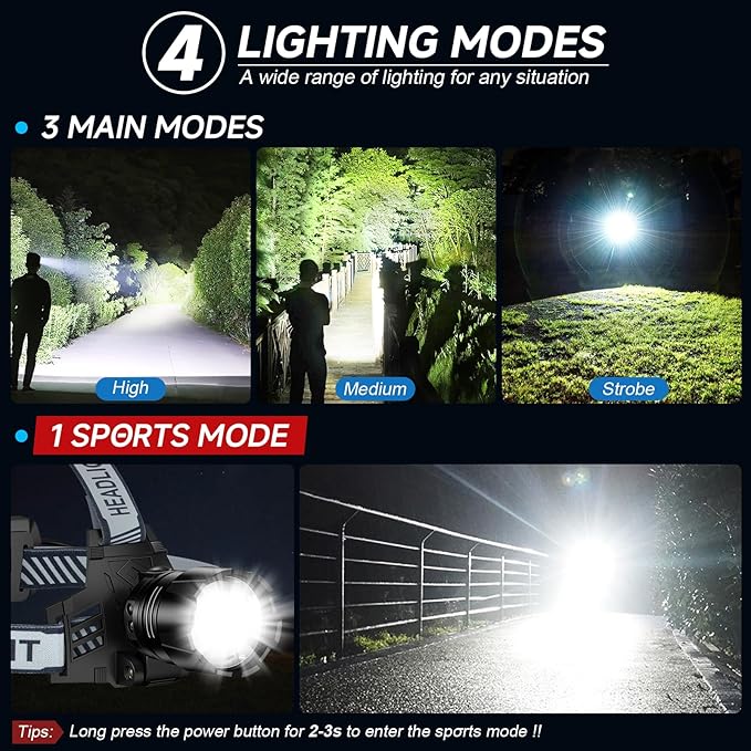 Headlamp Rechargeable, 99000 LM Super Bright LED Head Lamp with 3 Modes, 90° Adjustable Head Lights for Forehead, 20+Hrs Runtime & IPX6 Waterproof HeadLamps for Camping Running