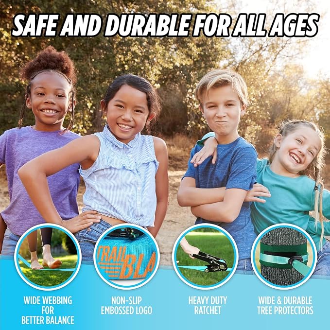 Complete Slackline Kit with Training Line - 60ft Slack Lines for Backyard for Kids and Adults, Wider Tree Protectors - Ninja Slackline Kit for Kids Outdoor Play Equipment (Complete Kit - Blue)