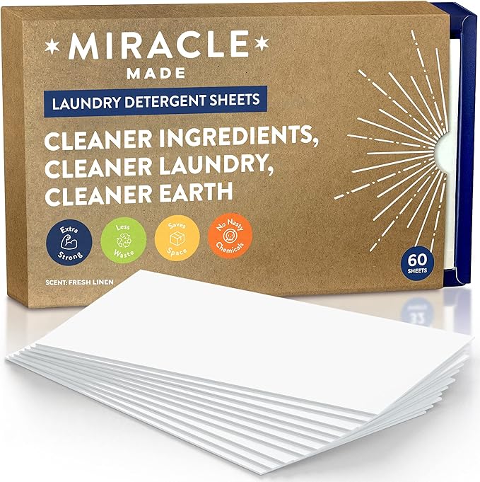 Miracle Made Liquidless Laundry Detergent Sheets – Eco-Friendly, Gentle Fabric Softener – No Dye, Bleach, or Paraben – 60 Strips (120 Loads) – Fresh Linen Scent