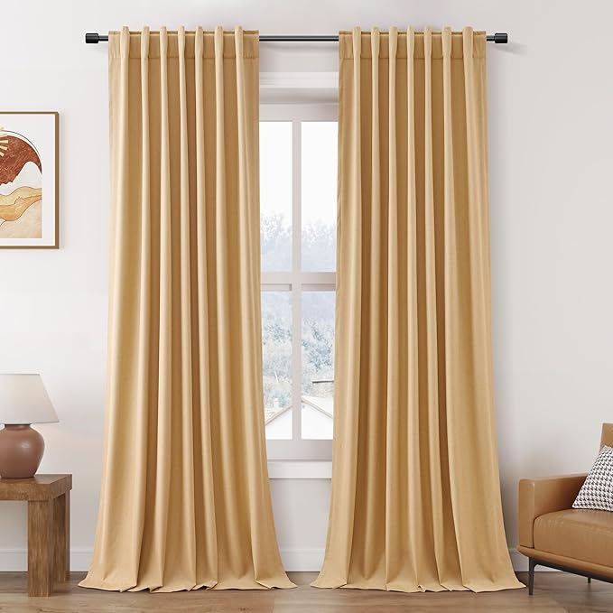 Full Black Out Camel Window Curtains Panels 102 Inches Long 2 Panels Set for Living Room Cotton Textured Long Blackout Curtain with Backing Thermal Insulated Drapes for Nursery Bedroom 52x102