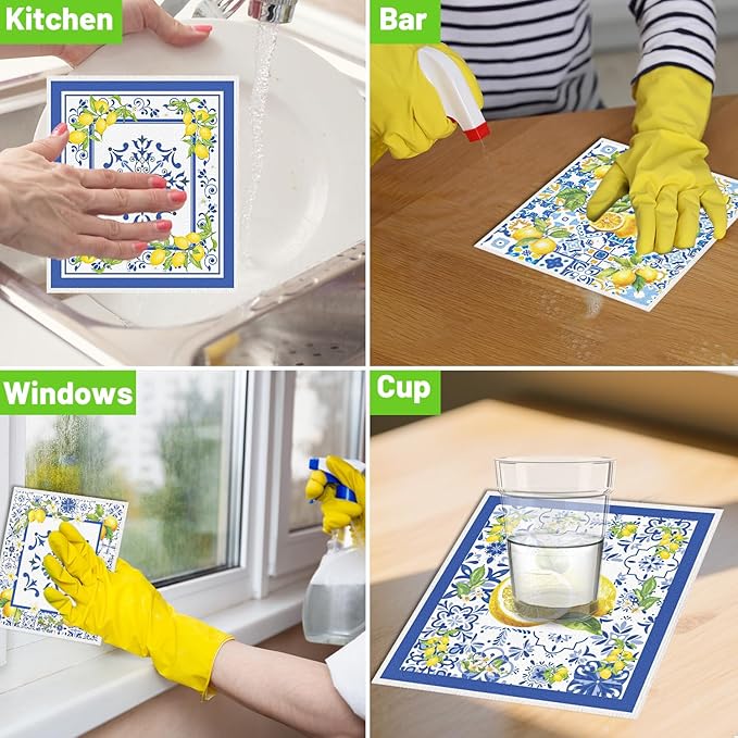Blue Tiles Lemons Swedish Dishcloths, 6 Pack Reusable Swedish Dish Cloths for Kitchen, Washable Absorbent Dish Towel Rag Set Cellulose Sponge Cloths Housewarming Gifts