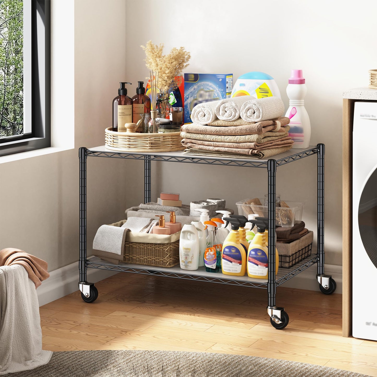 2-Tier Wire Shelving with Wheels,Storage Shelves with Gaskets,Height Adjustable Metal Shelving Unit Shelf Organizer for Living Room,Garage,Kitchen,Office,Laundry,Pantry,18"D x 36"W x 25"H,Black