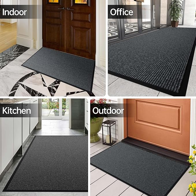 Front Door Mat, 2' x 4' Heavy Duty Indoor Outdoor Door Mat for Entryway, Commercial Door Mats Entrance, Low Profile Welcome Mats Non-Slip, Durable Rubber Backing Entry Mat for Patio, Home