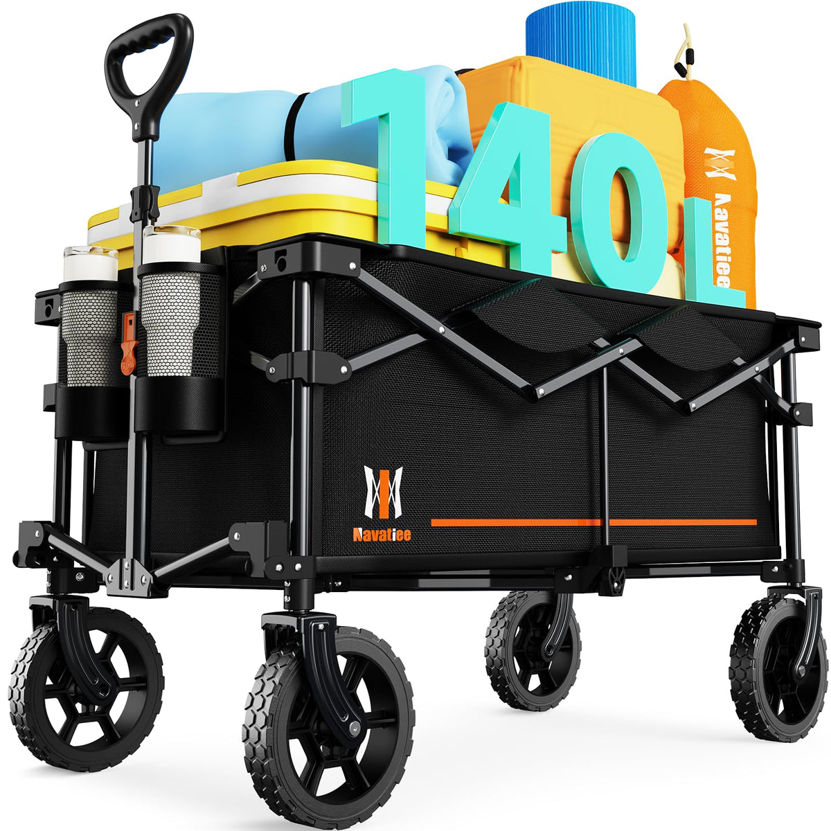 Navatiee 140L Collapsible Folding Wagon, Large Capacity Foldable Wagon with Silent All-Terrain Wheels, Utility Grocery Cart for Camping Shopping Outdoor, Black