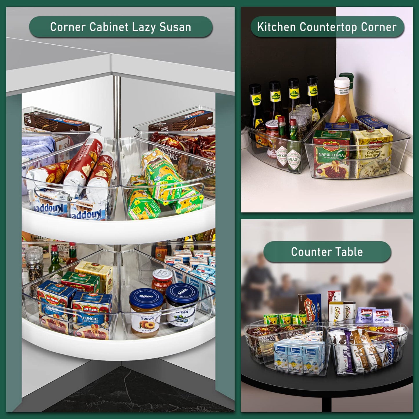 JEISSLIA Lazy Susan Cabinet Organizer Bins for 26"/ 28"/ 32" Diameter Corner Organizer, Plastic Cabinet Storage Bin, 1/8 Wedge - Food Safe, BPA Free, with Non-Slip Pads (for 26" Diameter, 6 Pack)