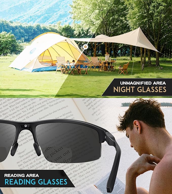 SKYOAK Sports Bifocal Reading Sunglasses Men Wrap Around UV 400 Protection Aluminum Frame Glasses Spring Hinge Semi Rimless Sun Readers Built In Driving/Running/Fishing Black,3.0