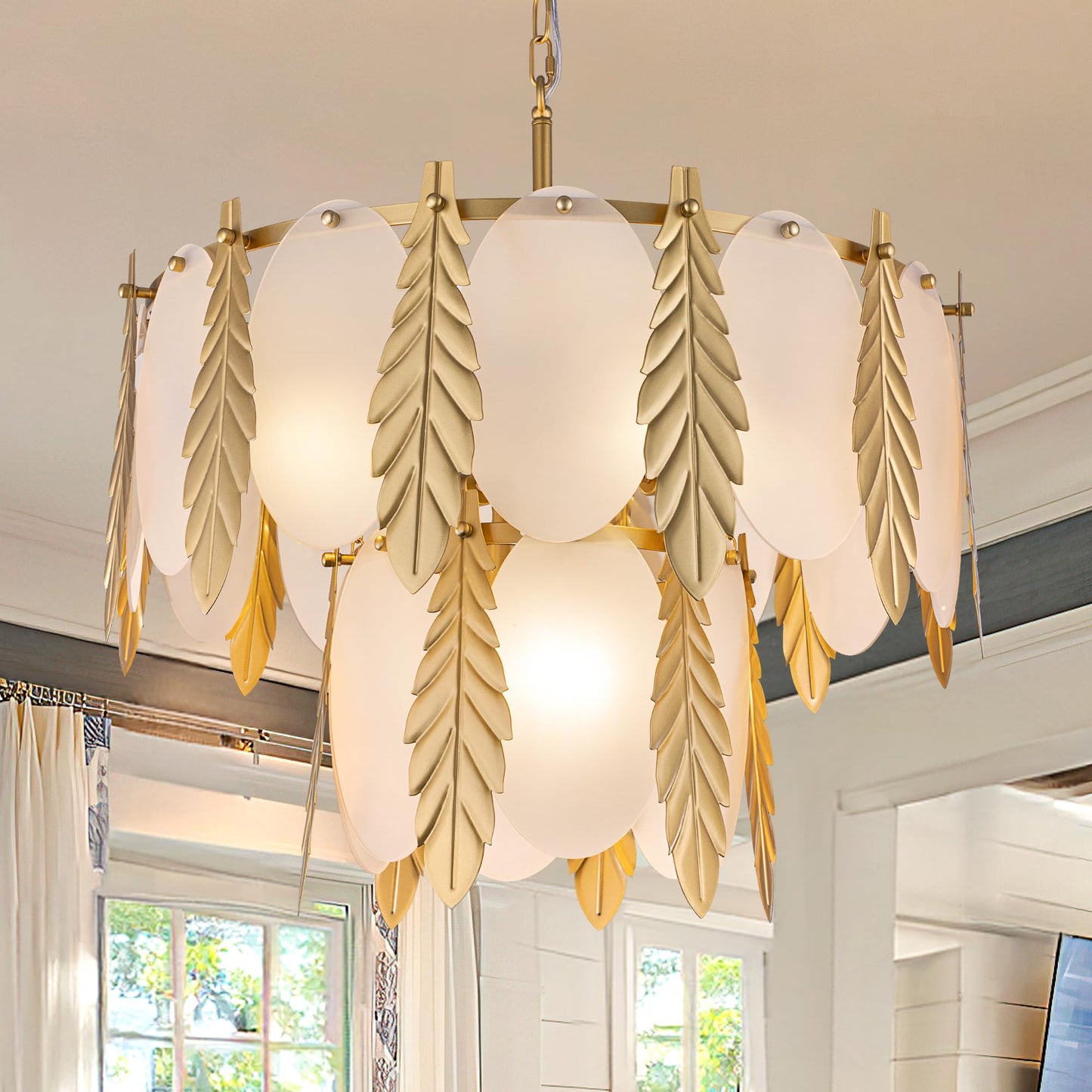 Wellmet Gold Chandelier, Farmhouse Golden Leaf Pendant Light, 7-Light Modern Lighting Fixture, for Living Room, Bedroom, Dining Room, Foyer, Entryway, Kitchen